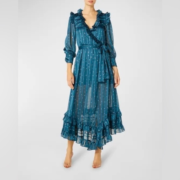 Misa Los Angeles Dresses & Skirts - NEW Misa Los Angeles Blue Ruffle Maxi Faux Wrap Long Sleeve V Neck Sheer Dress